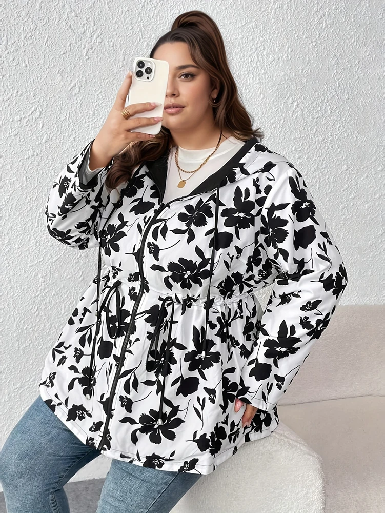 Übergrößen-Damen-Herbstjacke mit Kapuze, Wendbare bedruckte Freizeitjacke mit Taschen, Street-Style, Größen 1XL–4XL, Outfit-Ideen – Detail 11