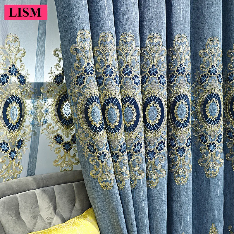 European Chenille Embroidered Jacquard Curtains for Living Room Bedroom Thick Blackout Custom Blue Cloth Window Decor Tulle Set