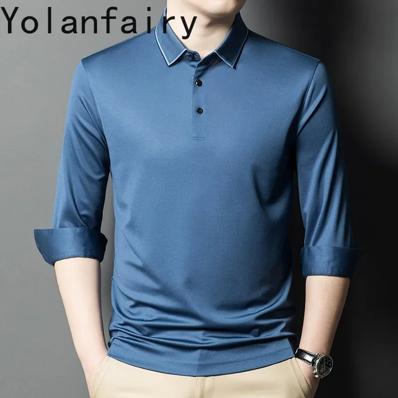 YOLANFAIRY 13.4% Mulberry Silk Polo T Shirt Man Playeras Para Hombre Long Sleeve T Shirt Men Spring Autumn Mens Clothing 2025