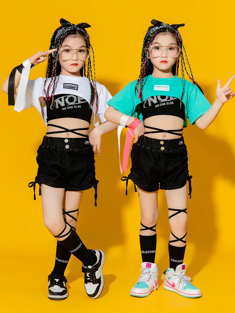 Kids Jazz Dance Dress Fashion Model Open Umbilical Suit Girl Hip Hop Dancing Costumes Teenage Streetwear Performance Outfits