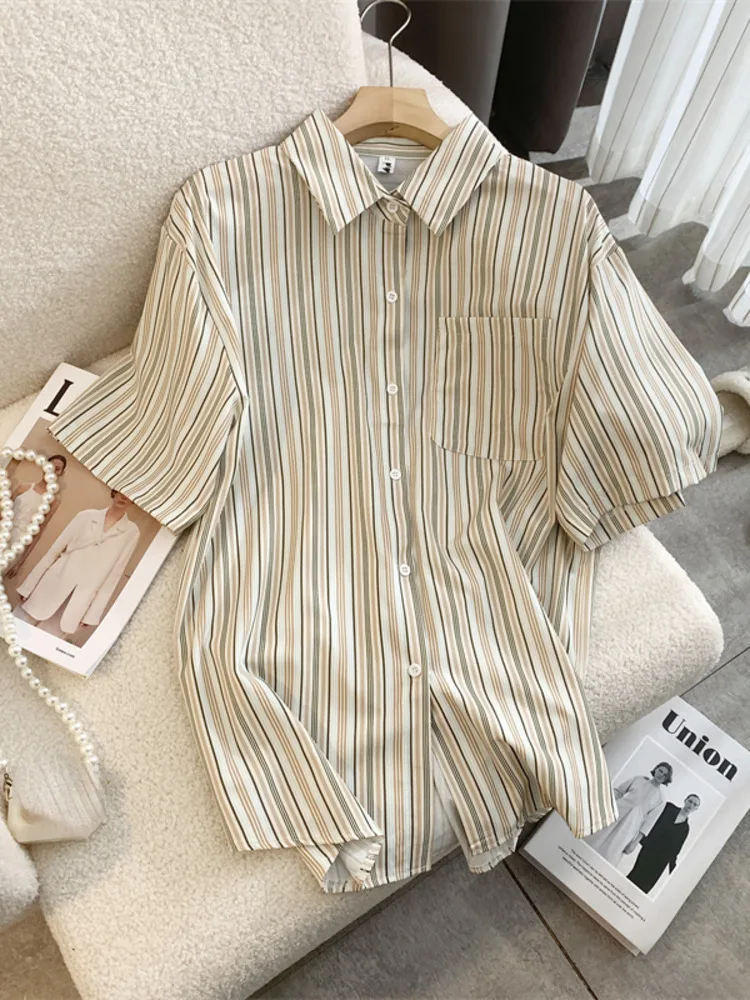 

2023 Summer HK Style Retro Chic Stripe Short Sleeve Shirt Women Fashion Turn-down Collar Loose Tops Female Midi-length Blouses