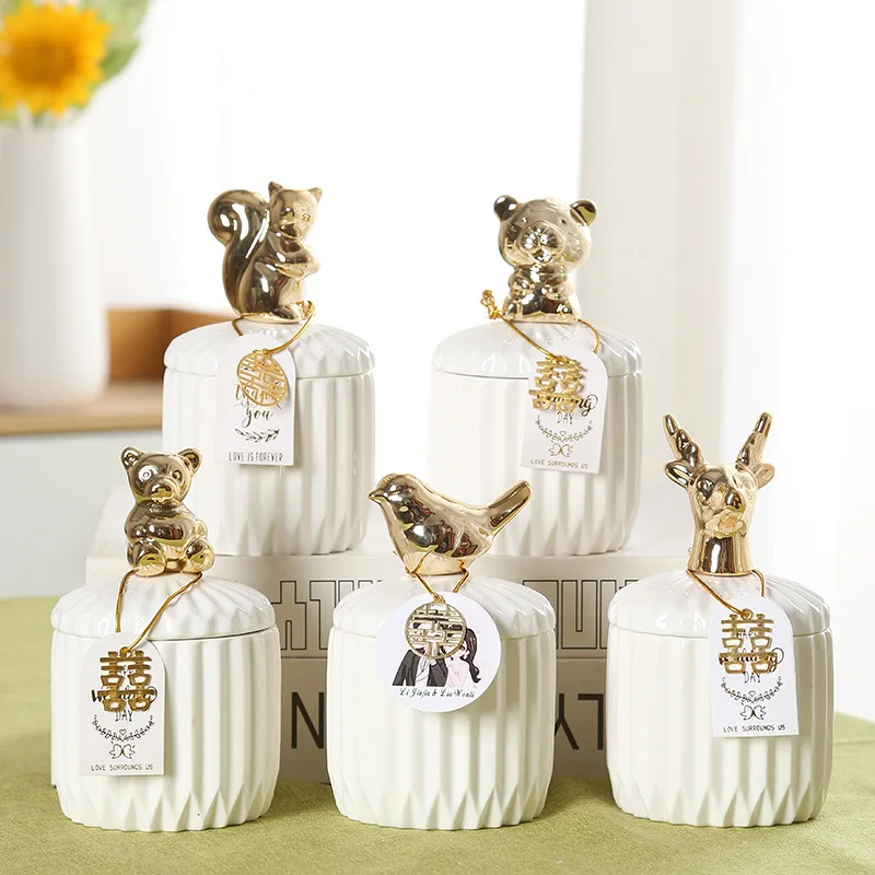 Nordic Chocolate Nut Storage Jar Sealed Ceramic Jar Wedding Gift Storage Box Candy Food Container Golden Bird Animal Decoration