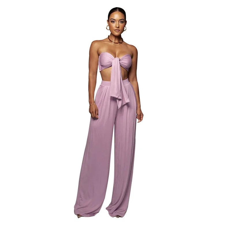 Spring/Summer New Women's Two Piece Set Sexy Solid Color Lace Up Bra Top Mid Waist Wide Leg Pants Fashion Casual Set