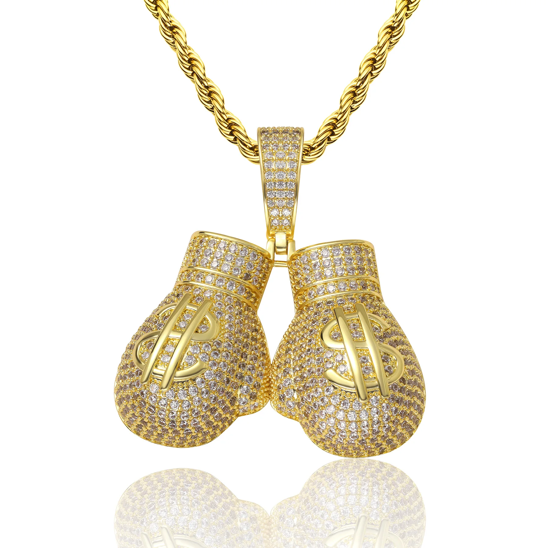 Dollar Boxing Gloves Men Pendant Iced Out Zircon Copper Charm Fashion HipHop Necklace Chain Rock Rapper Jewelry Gift