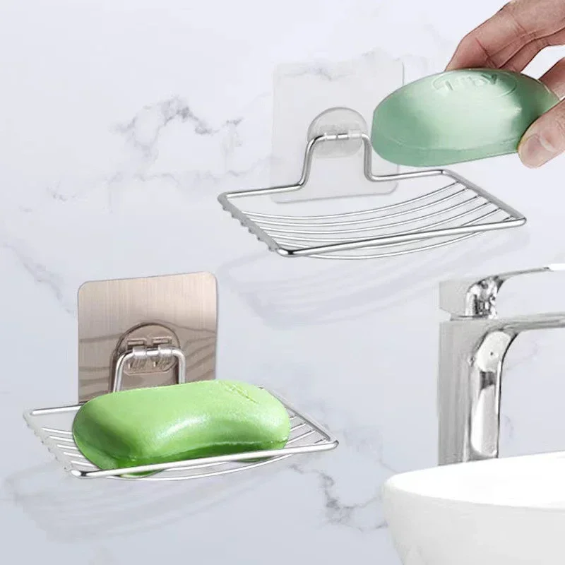 Stainless Steel No Punching Soap Holder Bathroom Wall-Mounted Soap Dish Holder  Self Adhesive Kitchen Spong Storage Rack