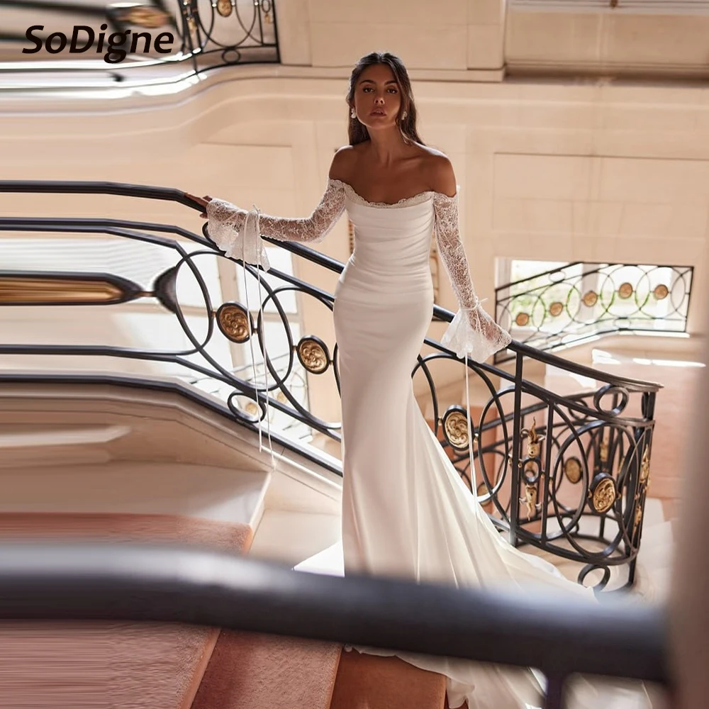 ﻿ SoDigne Mermaid Off Shoulder Wedding Dresses Long Lace Sleeves Bridal Dress Beach Bride Gown vestidos de novia Customized