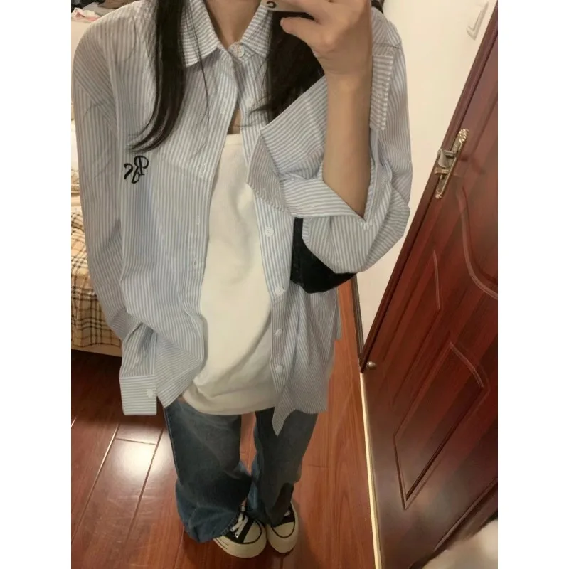 Qweek Gestreepte Casual Damesshirt Met Lange Mouwen Koreaanse Stijl Vintage Gezellige Basic Oversized Bovenkleding Harajuku Herfstkleding 2024