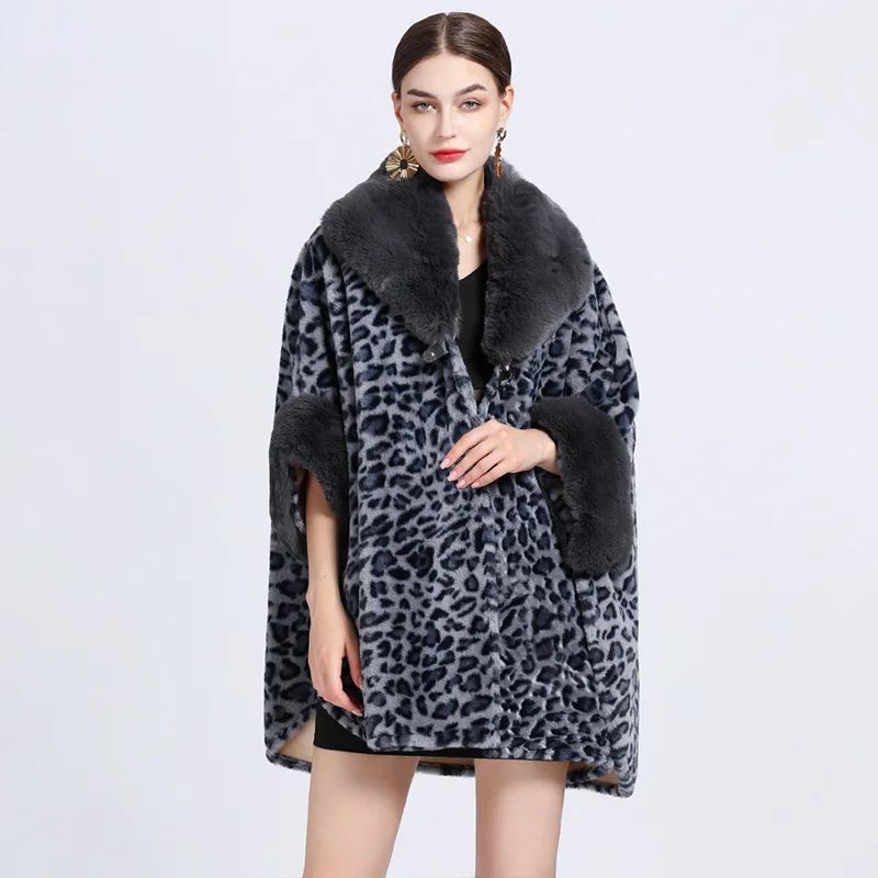 Chal de piel sintética de conejo Rex para mujer, abrigo de leopardo de lujo para otoño e invierno, forro polar que mantiene el calor, capa Sexy,