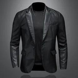 Chaquetas ajustadas de cuero PU para hombre, abrigos informales para motocicleta, cuello vuelto, negro, prendas de vestir exteriores de gamuza, 5XL, nuevo