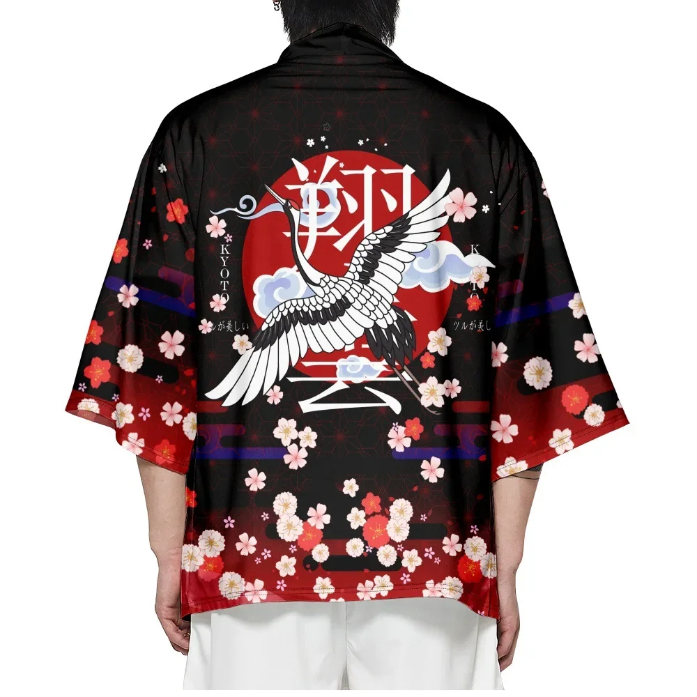 Crane Flower Printed Kimono Women Men Shirt Haori Fashion Traditional Clothing Summer Beach Cardigan Oversized Tops