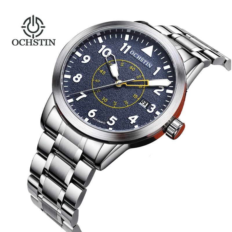 

OCHSTIN Pilot Mens Watches Automatic Date Self-Wind Mechanical Luxury Silver Tone Stainless Steel Male Business Dress Wristwatch