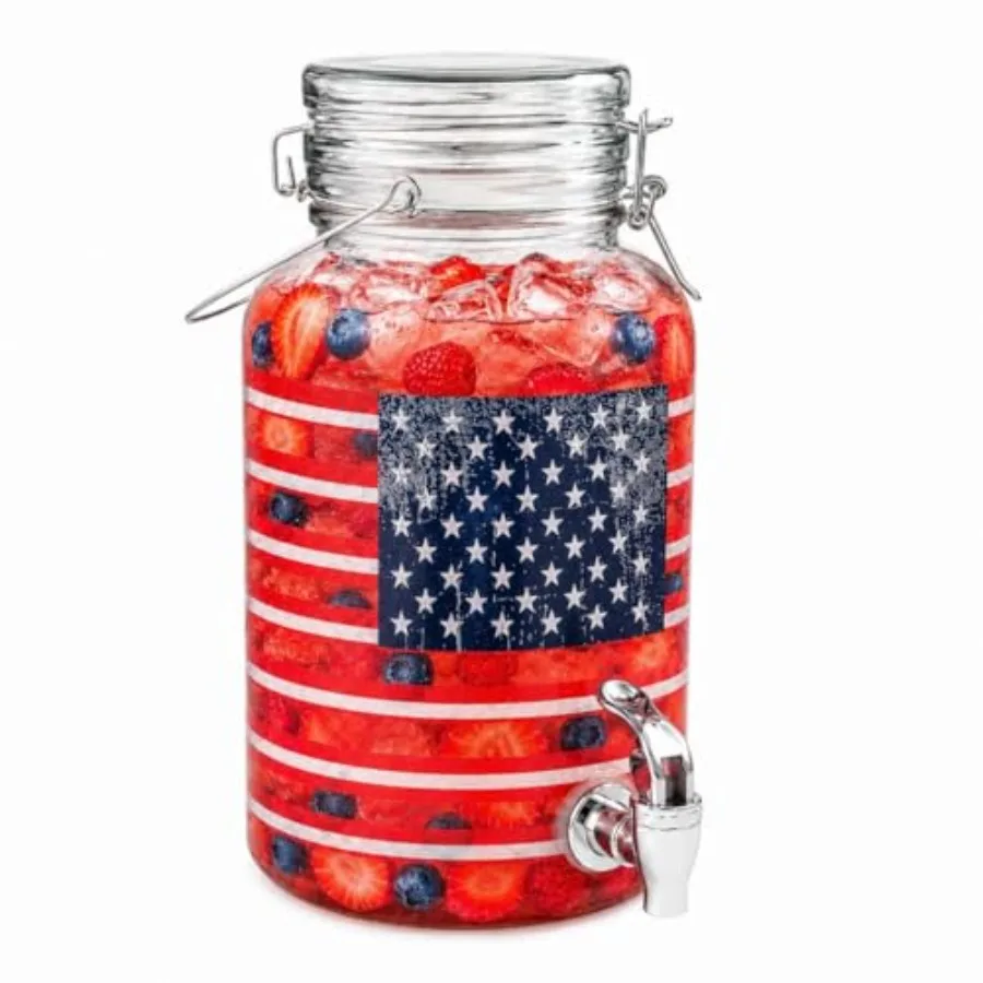 

1 Gallon Glass Drink Dispenser with Spigot Patriotic American Flag Beverage Dispenser, Leak-Proof, Airtight Lid, Large Mouth, P