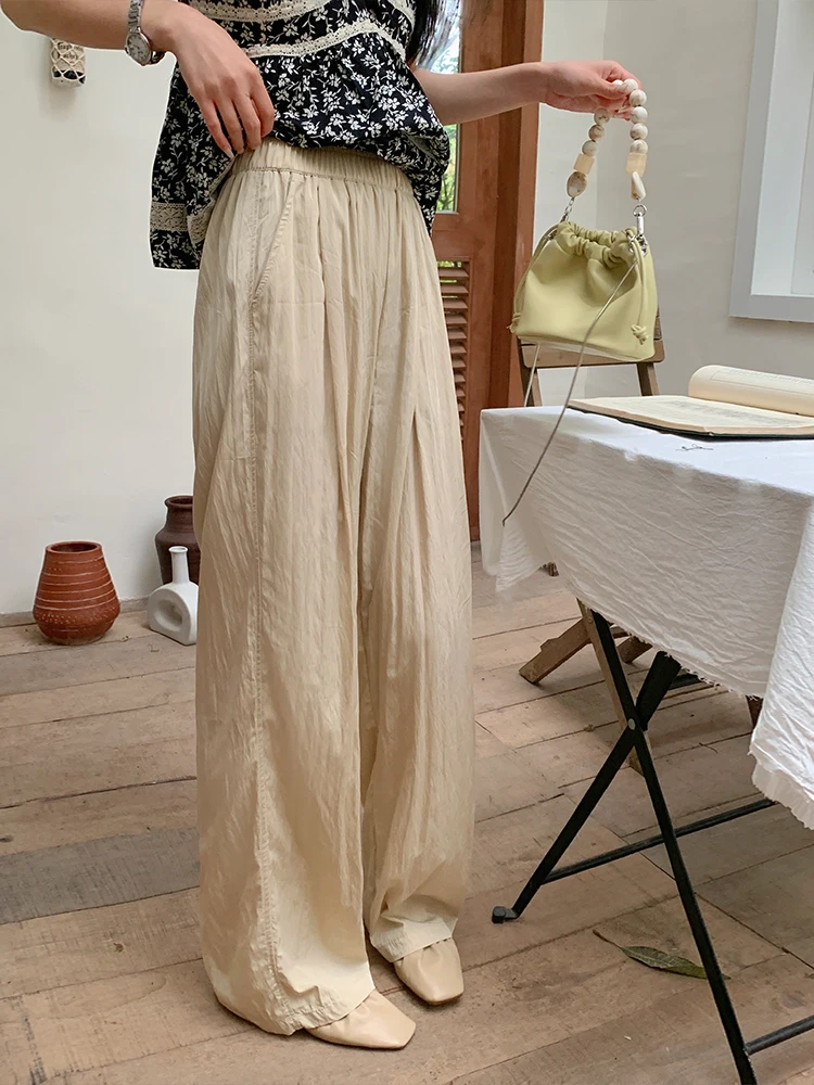 

Стильные повседневные брюки прямого кроя, легкие струящиеся брюки с широкими штанинами абрикосового цвета, длинные брюки с высокой талией в корейском стиле