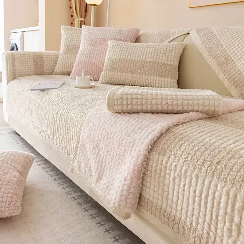 

Thicken Short Plush Sofa Covers Stripe Pattern Sofa Towels Non-slip Couch Slipcovers Universal Sofa Mat for Modern Home Decor