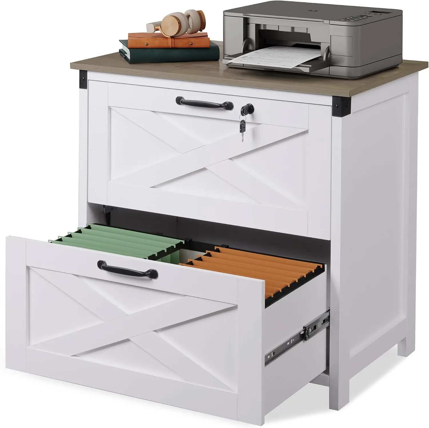 2-Drawer Lateral File Cabinet with Lock,Wood Filing Cabinet, White | Farmhouse Office Cabinet, Letter, Legal & A4 Compatible, Pr