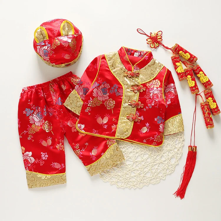 Boys and Girls Suits Hat Embroidery Clothing Chinese Style Tang Suit Baby One Year Old Dress Cosplay 100 Days of Infants Red