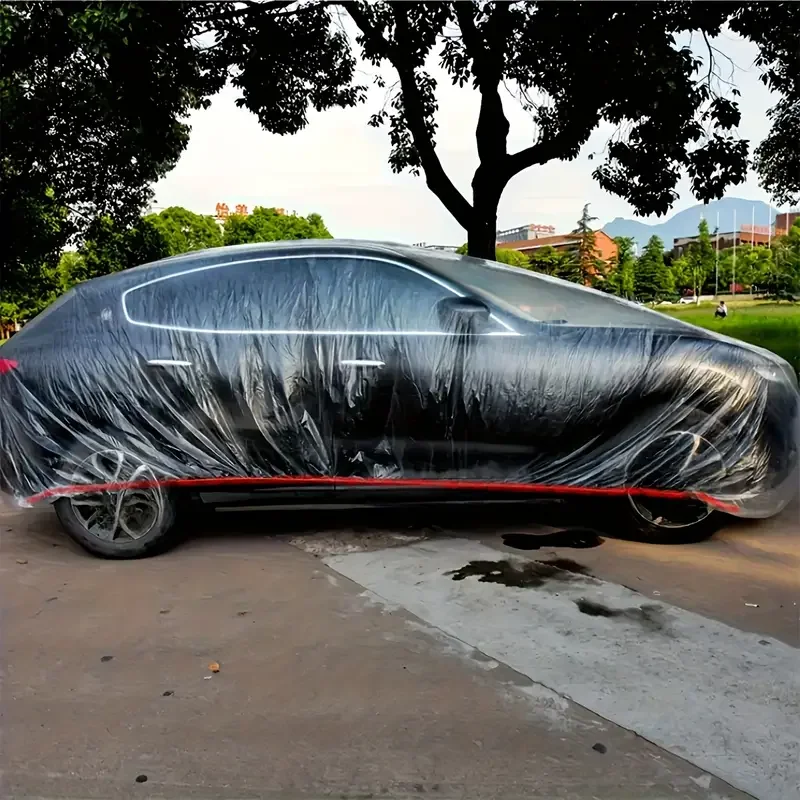 1pcs Disposable Car Cover Universal Vehicle Sun Rain And Dust Cover Simple Transparent Plastic Full-Cover Outer Cover