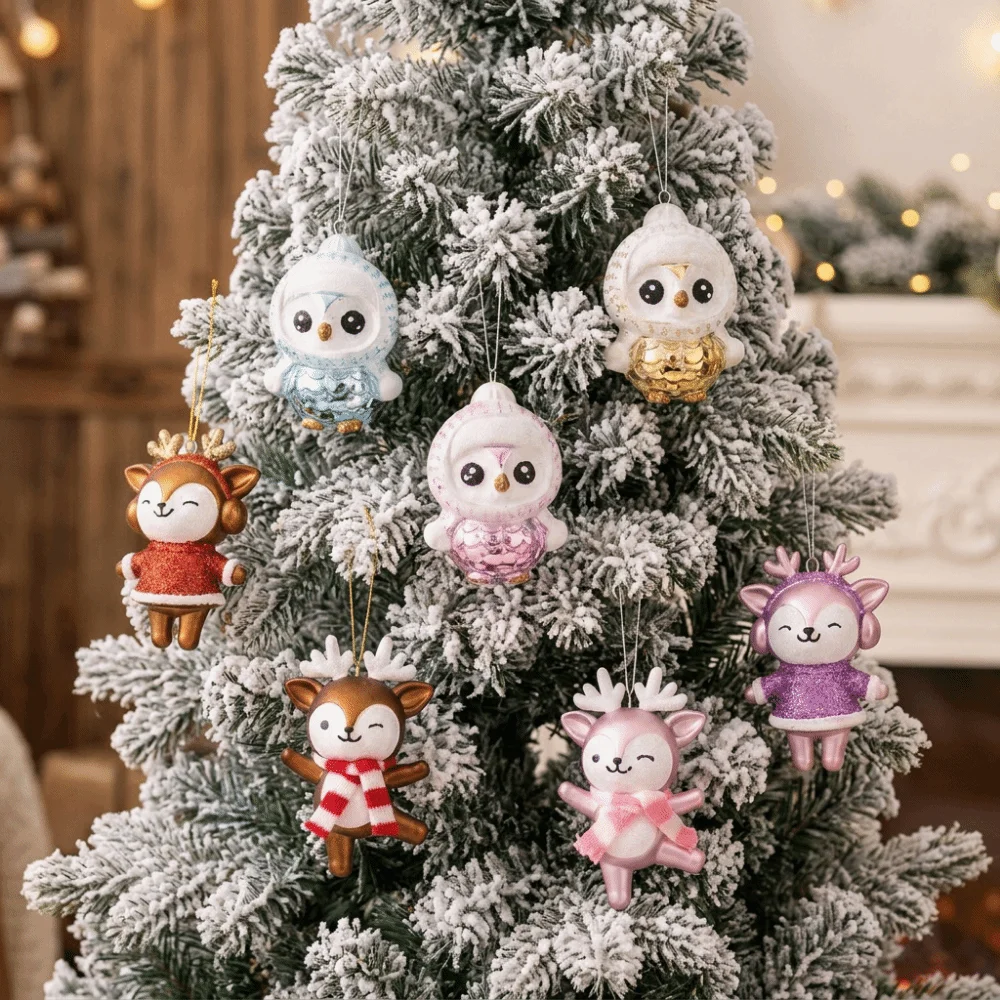 Plastic Xmas Penguin Reindeer Pendant Glitter Powder Cute Christmas Tree Hanging Pendant Electroplated Cartoon Animal Pendant
