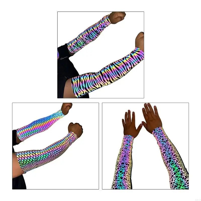 D0UD Rainbow Colorful Reflective Arm Sleeves Glowing Compression Fingerless Gloves Hip Hop Party Sports Elbow Cover