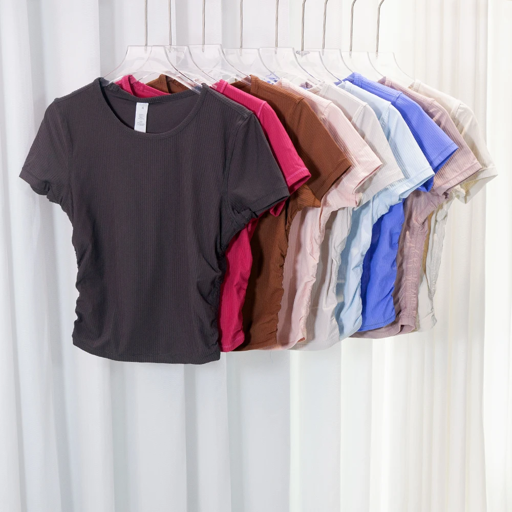 Waist-cinching Short Sleeve Slim Fit Ribbed T-Shirt High Waist Short Quick-dry Yoga Wear Outdoor Sports Summer Round Neck