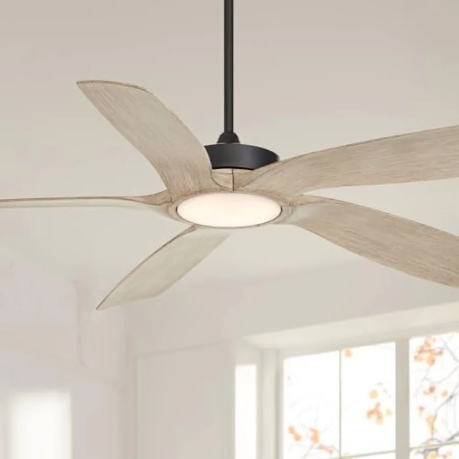 

Farmhouse ceiling fan for indoor outdoor use, matte black metal with distressed white oak blades, 56 5-blade damp-rated design