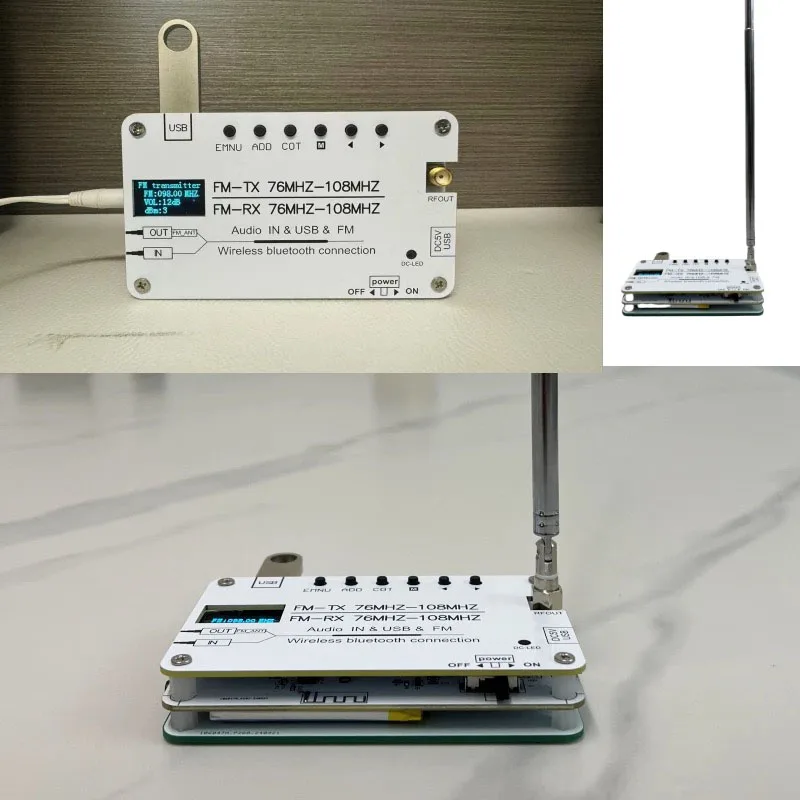 0.5W 스테레오 FM 송신기는 USB Bluetooth 리튬 배터리 구동 캠퍼스 FM 오디오 및 비디오 신호 송신기를 지원합니다.