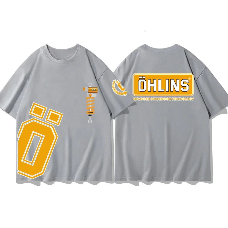 Hot Sale OHLINS Light Gray T-shirt Collection Motorcycle Shock Absorber Print Short Sleeve T-shirt Racing Fan Clothes
