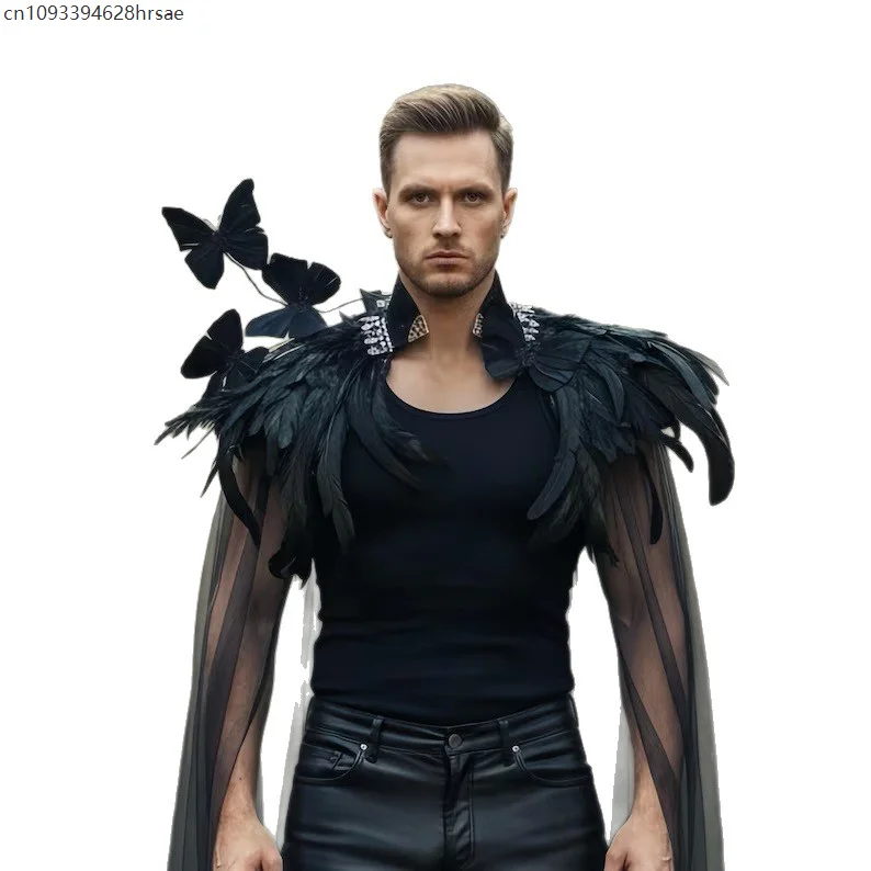 Men Gothic Black Feather Shoulder Cape With Red Rose,Halloween Dark Shoulder Harness Medieval Vampire Cosplay Costume Accessory