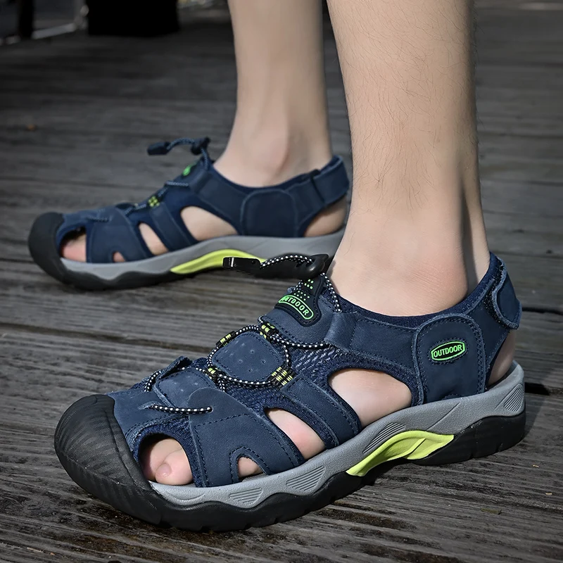 New Genuine Leather Shoes Men's Sandals Durable Handmade Stitching Close Toe Non Slip Footwear for Indoor Outdoor Beach