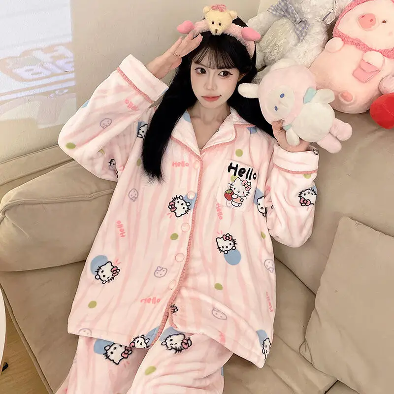 Cartoon Hello Kiity Pajamas Female Coral Fleece Cute Thicken Autumn Winter Warm Kawaii Flannel Soft Comfortable Lounge Clothes