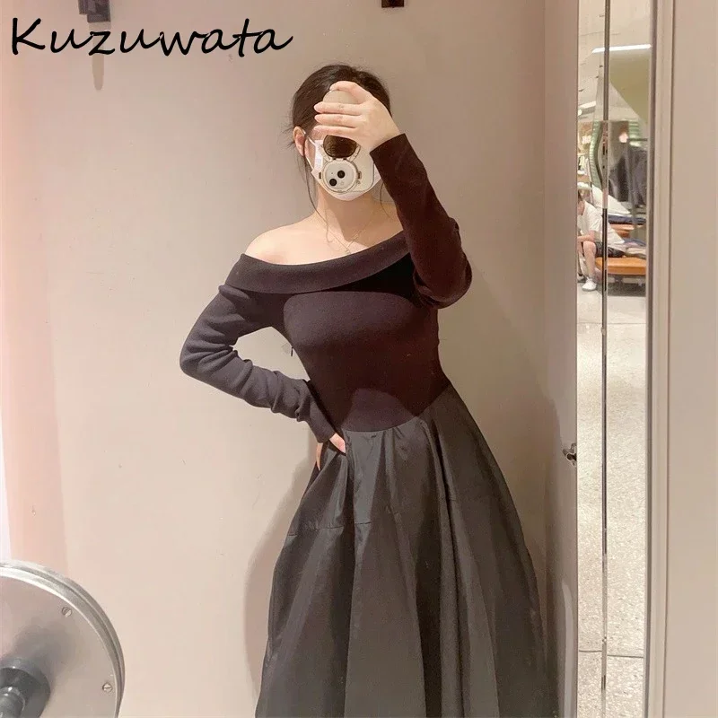 Kuzuwata Slash Neck Long Sleeve Sweet Dress Elegant Slim Fit Patchwork Zip Pullover Vestidos Japan Knit Ball Gown Femme Robe