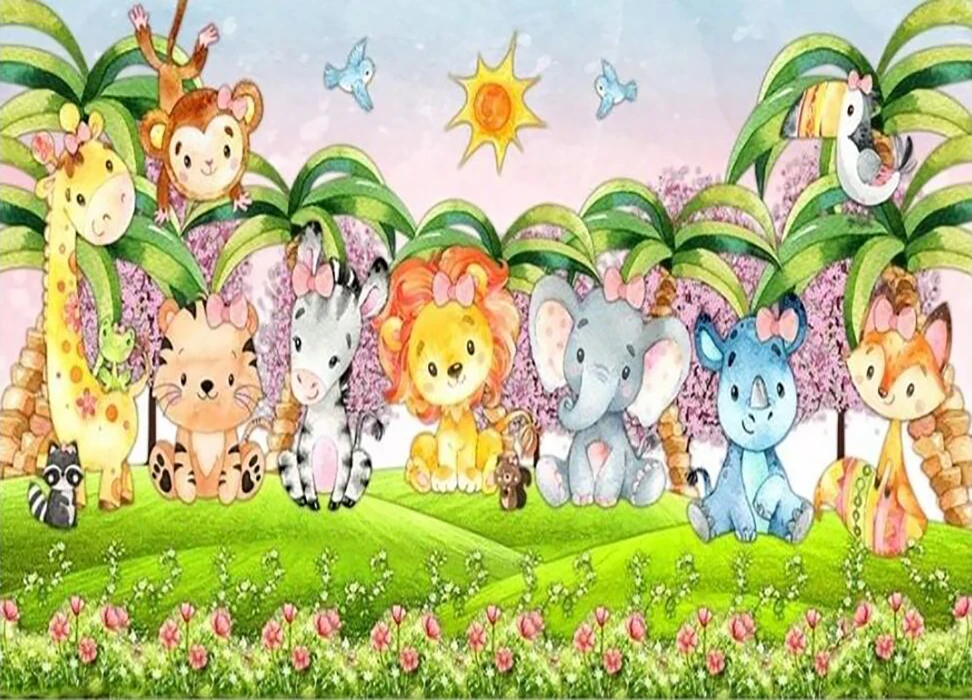 

JOHNSON Palm tree Zoo Animals Giraffe lion elephant backdrop background