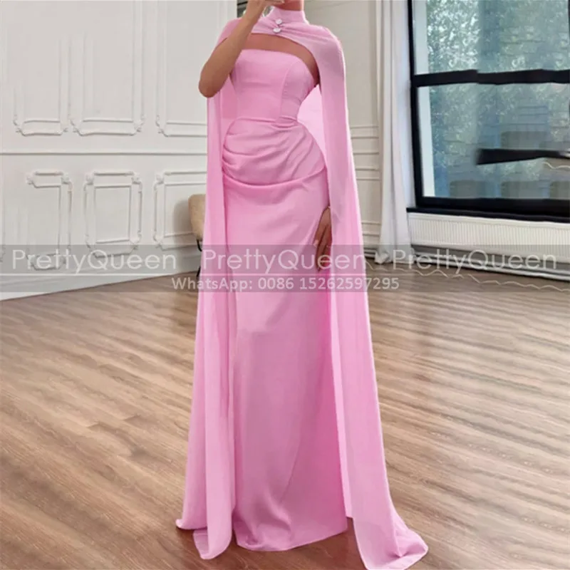 

Pink Long Bridesmaid Dresses Mermaid Cloak Shawl Strapless Customized Sheath Wedding Party Dress For Women