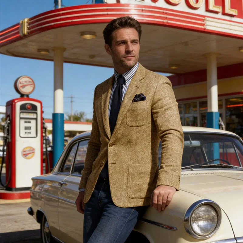 Vintage Men's Wool Blend Blazer Slim Fit Notch Lapel 2 buttons Jacket Business Meeting Coat for Spring Autumn