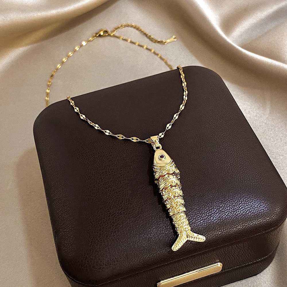 18K vergoldete Edelstahl Fisch Anhänger Halskette für Frauen Kreative Ozean Serie Schlüsselbein Halsband Kette Schmuck Geschenke – Detail 2