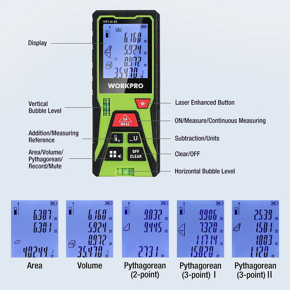 WORKPRO-Medição de Distância a Laser com 2 Níveis de Bolhas, Rangefinder Profissional, Metro Range Finder, 40m, 60m, 80m, 100m