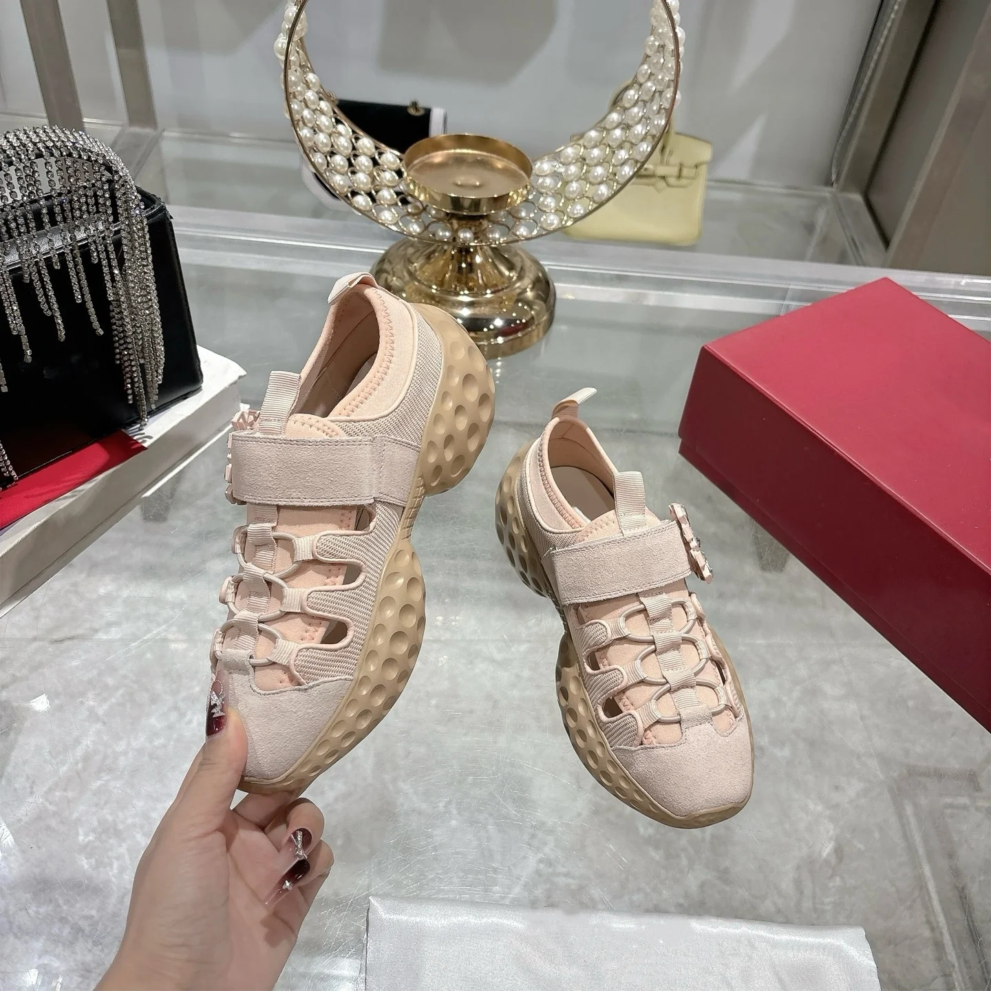 2025 New Fashionable Versatile Square Buckle Rhinestone Thick-Soled Casual Sneakers