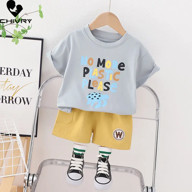 Nieuwe 2023 Jongens Zomer Korte Mouw Ronde Hals Brief Print T-shirt Tops Met Shorts Kleding Kids Baby Boy Mode Kleding sets