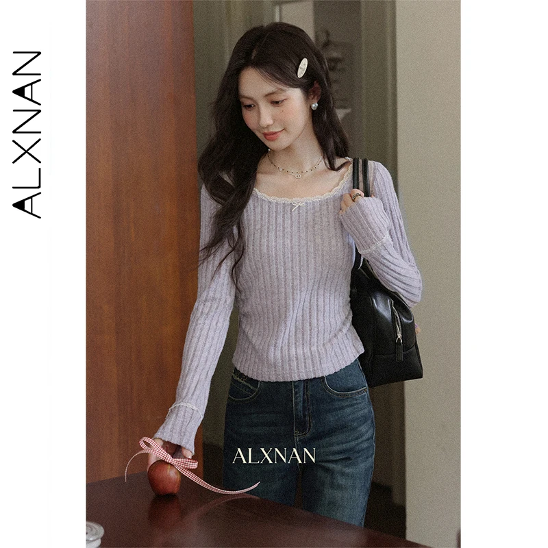 

ALXNAN Women's Knitted Sweater Purple Slim-fit Lace Lace-trimmed Pullover 2025 Autumn Winter Long Sleeve Knitted Tops L569192