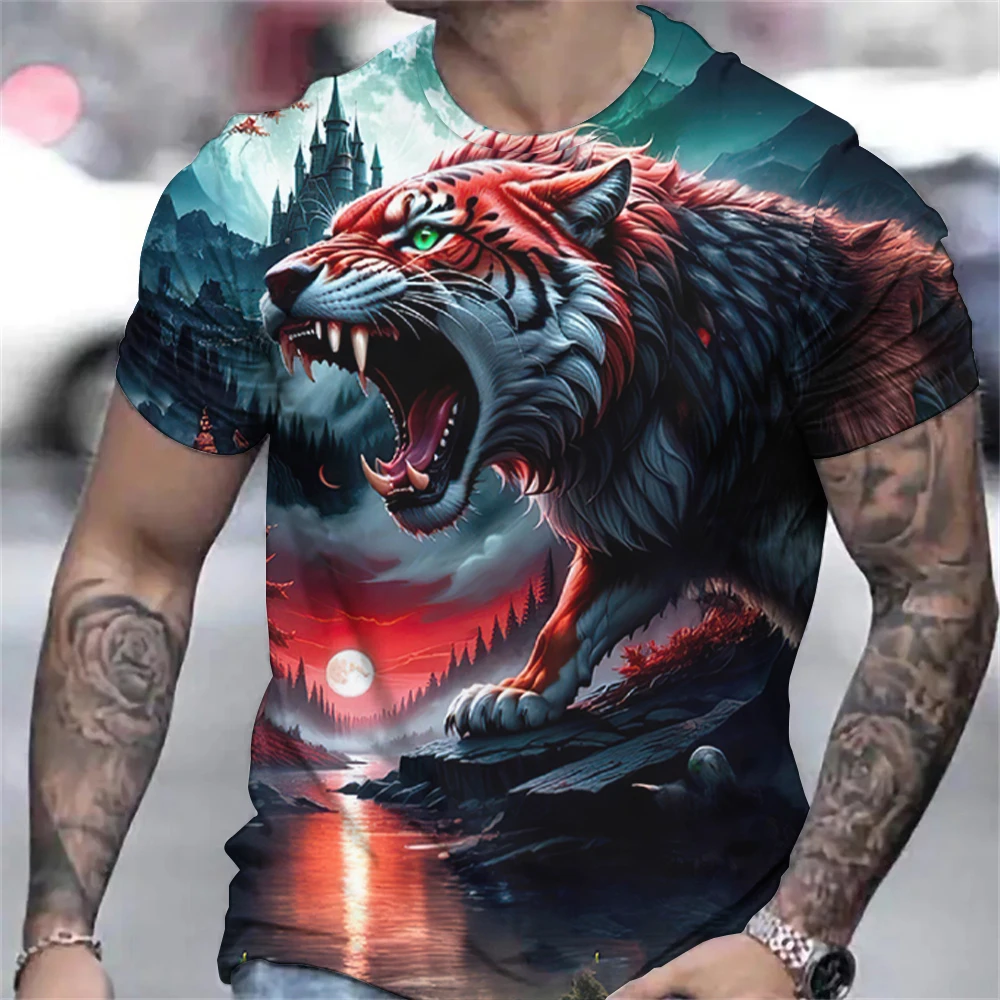 Tiger Print T-Shirt 3D Animal Men's Shirts Summer Short Sleeved Male Pullover Oversized T-shirts Casual Tops Tees Men Clothing