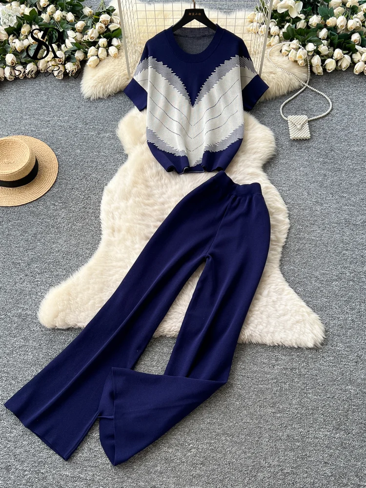 SINGREINY Geometric Print Loungewear Suits O Neck Short Sleeves Shirt+Wide Leg Pant Female Trendy Color Block Knitting Tracksuit - Image 4