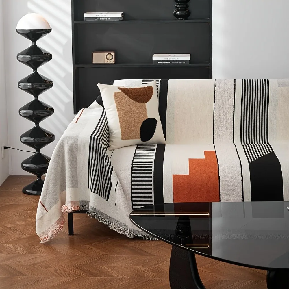 Full Cover Sofa Throw Cover Non Slip Scratch Proof Chenille Couch Slipcover with Tassels Washable Geometric Line Sofa Cover