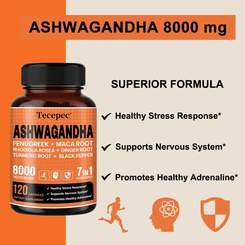 7-in-1 Ashwagandha 8000Mg - Turmeric, Rhodiola, Ginger & Black Pepper - Mood, Strength, Mind & Energy Support Supplement