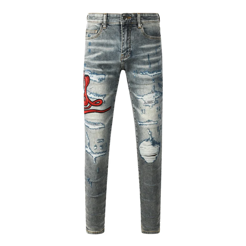 

Street Fashion Men Jeans Retro Blue Stretch Skinny Fit Embroidery Patched Ripped Jeans Men Brand Designer Hip Hop Denim Pants