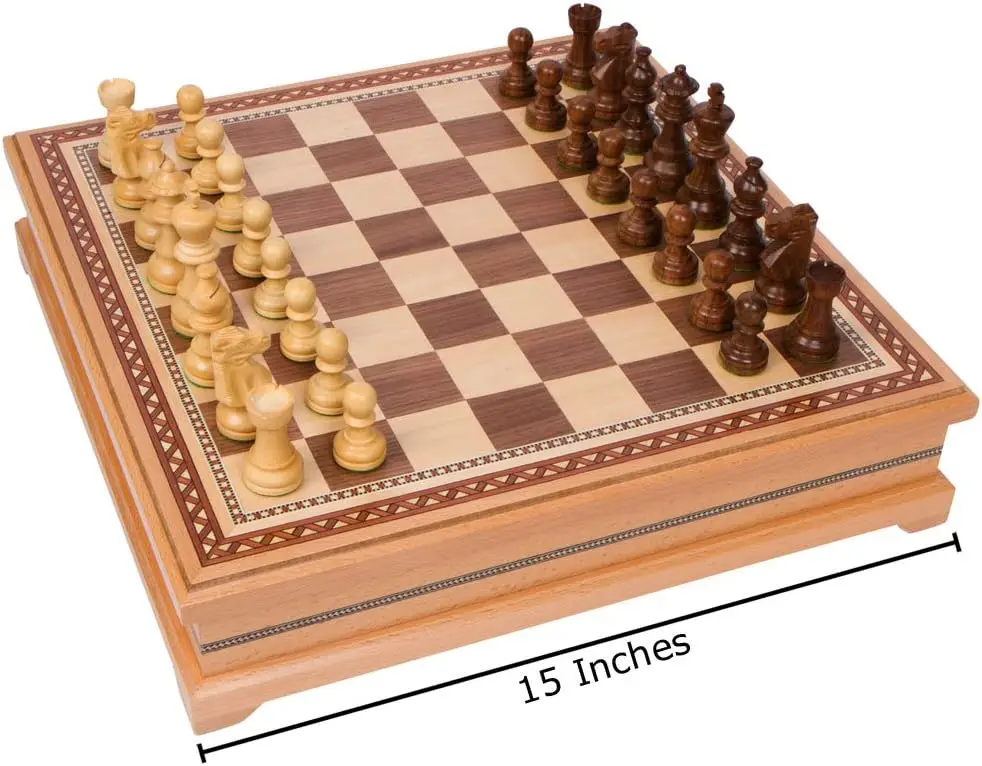 Chess Inlaid Wood Board Game Set with Weighted Wooden Pieces, Large 15 x 15 Inch