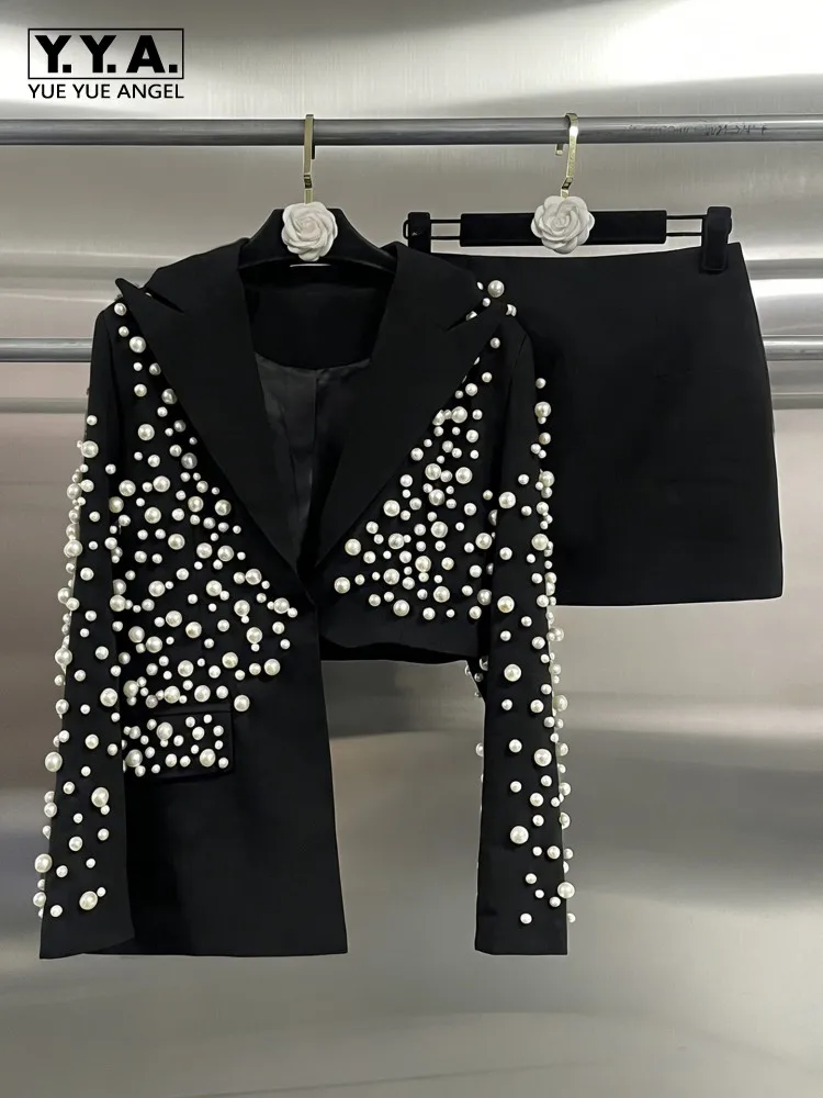 Designer Pearls Asymmetrical Black Sexy Suit Jacket A Line Skirt Women Two Piece Set Party Banquet Elegant Fashion Suits Sets