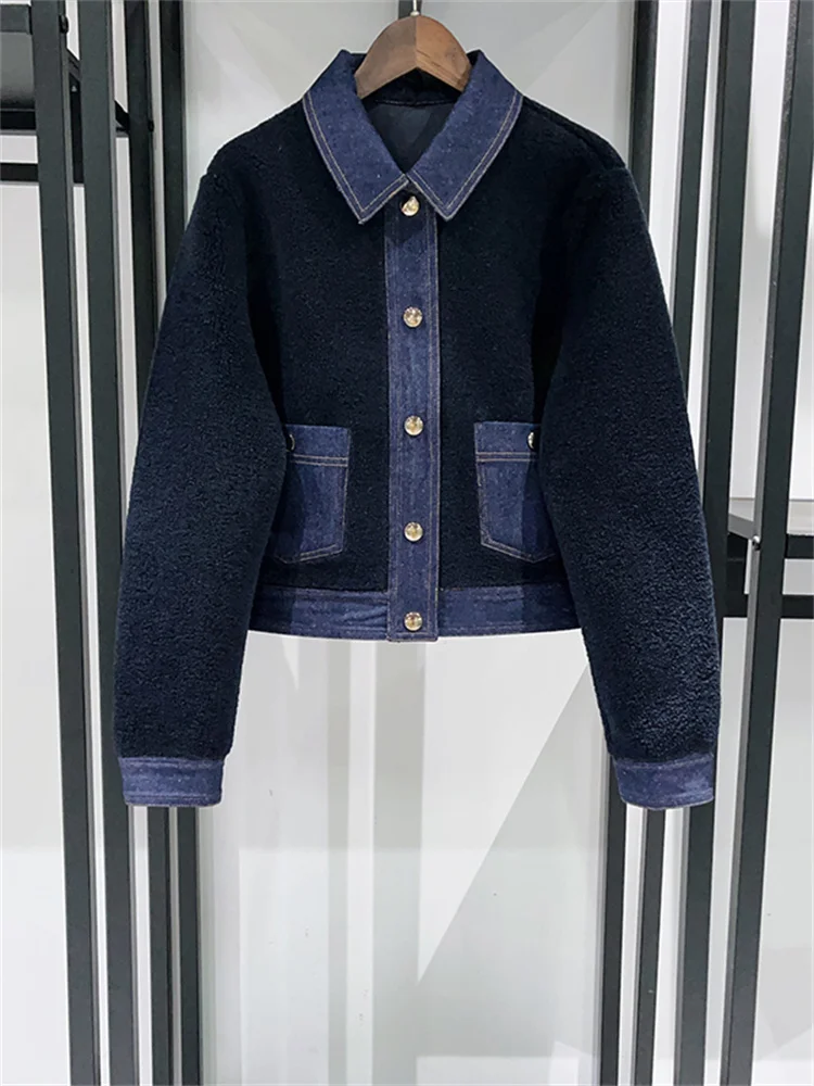 Vintage Coat Women Patch Pocket Short Jacket Single Breasted Long Sleeve Turn-Down Collar Denim Splice Outwear Autumn Winter