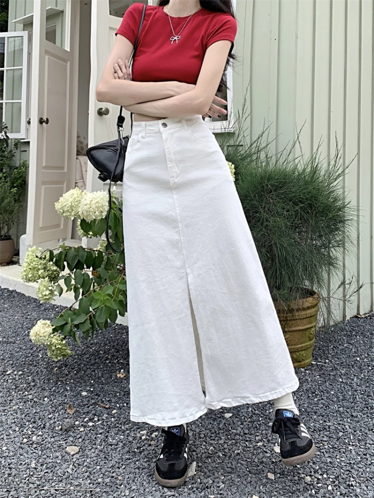 Skirts for Women Commuting Denim Slit Solid Colors Basic Versatile Teenagers Ankle-length Slim Korean Style High Waist Summer