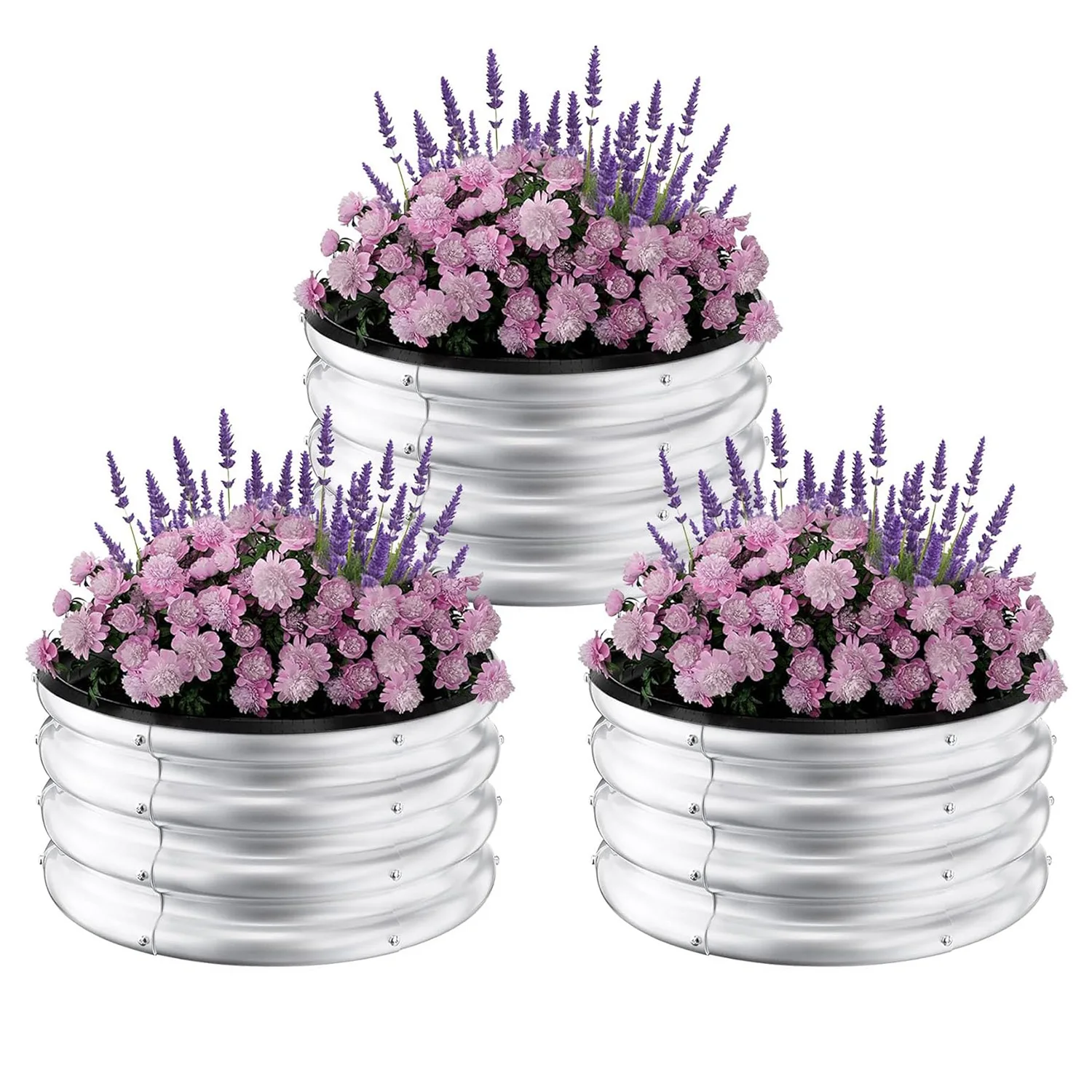 

3-Pcs Round Galvanized Raised Garden Beds Outdoor, 60x28cm Metal Planter Box for Planting Plants Vegetables, Herbs, flowers