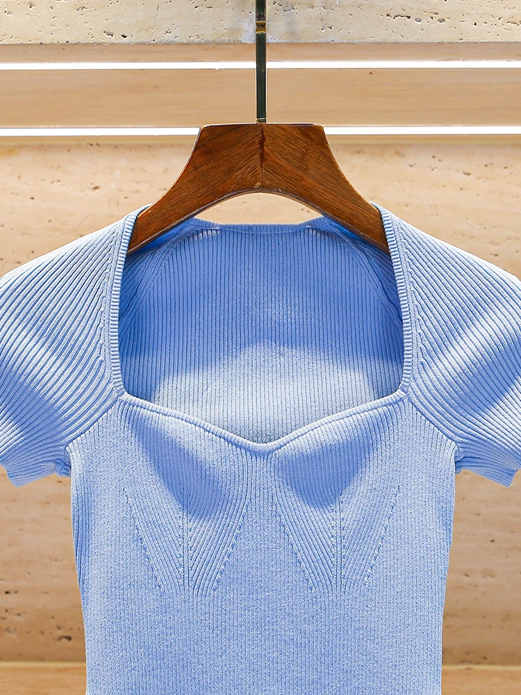 M Home Nan You Ekskluzywna Damska Niebieska Dzianinowa Koszulka T-shirt Slim Fit Miękka Wiosenna Kolekcja Damska Moda Jednolity Kolor Top